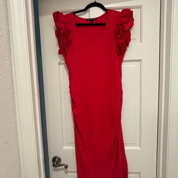 Boston Proper | Ruffle Sleeve | Knit, Ribbed, Ruched, Red Maxi | XL - Picture 4 of 7